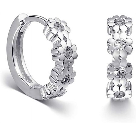 S.Leaf Bianca 14K White Gold Hoop Female Earrings with Swarovski Crystals, Adult(Silver)