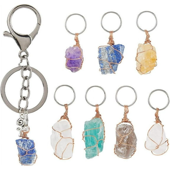 7 Styles Crystals Stone Keychain Raw Keychain Natural Stone Keychain with Mini 304 Stainless Steel Rings Mixed Stone Pendants