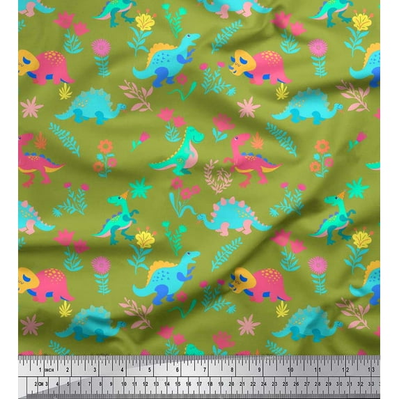 Soimoi Green Rayon Fabric Aster Flower & Dinosaur Kids Printed Craft Fabric by the Yard 56 Inch Wide