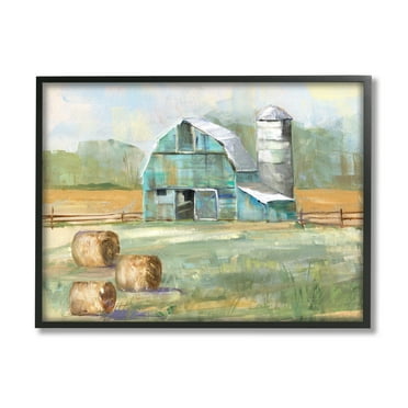 Stupell Indtries Contemporary Blue Farm Barn Hay Bails Empty Field,30 x 24,Design by Sally Swatland