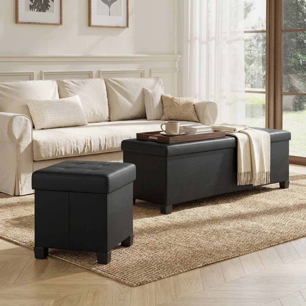 Ledrem Ink Black Foldable Storage Ottoman Footrest with 660 lb Capacity