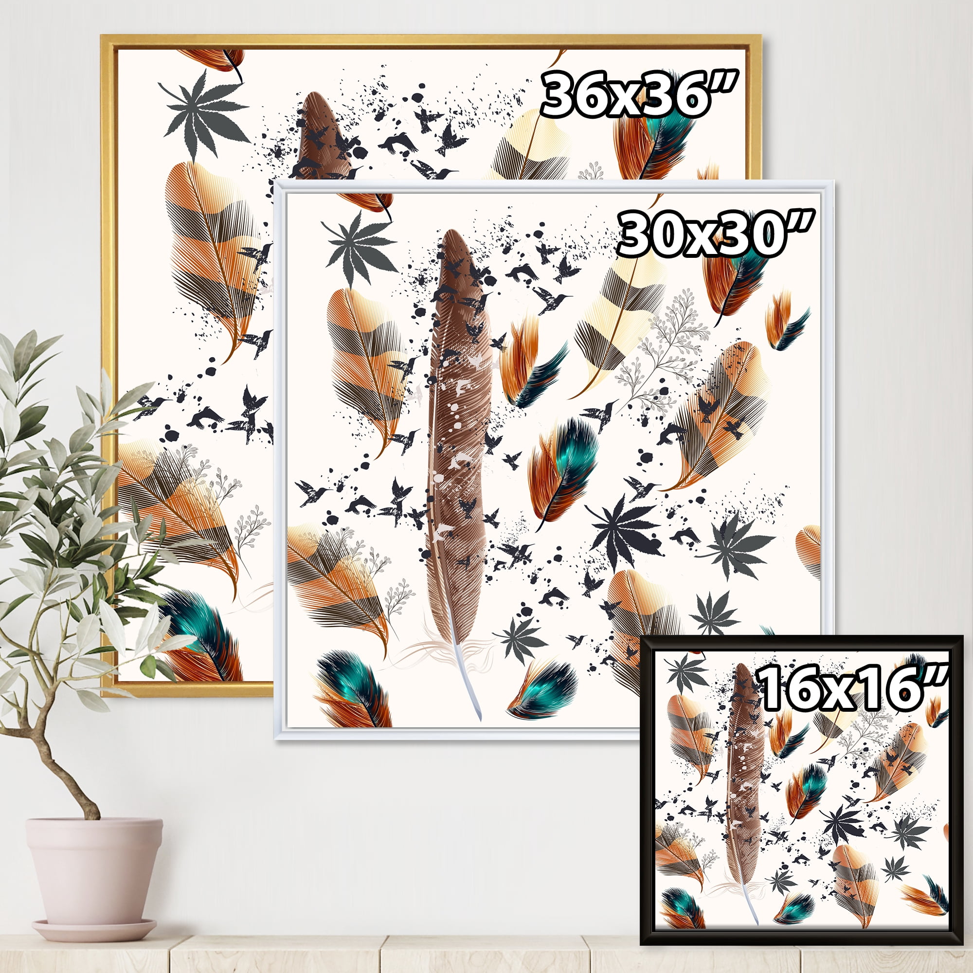 Designart 'Multicolored Feather Pattern With Floral' Bohemian & Eclectic Framed Canvas Wall Art Print