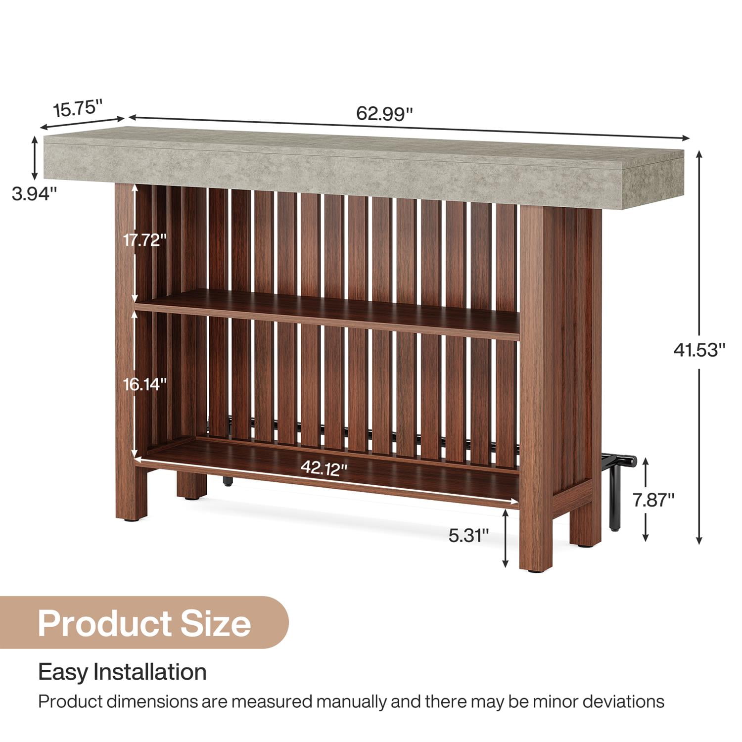 Demi Bonn 62" Home Bar Unit, Modern 2-Tier Bar Table Cabinets with Footrest, Pub Tables for Kitchen, Dining Room, Brown