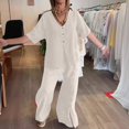 thumbnail image 2 of NMMUED Linen Two Piece Set Women’s Cotton Linen 2 Piece Set Casual Summer Lounge Button Down Top Flowy Wide Leg Pants Lightweight Loose Outfit Linen Beach Set Gray M, 2 of 4