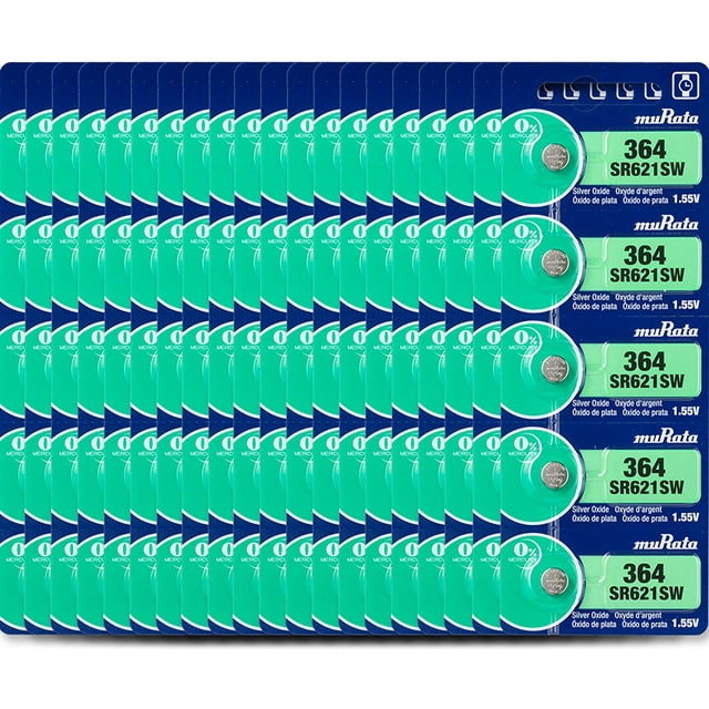 Murata 364 SR621SW Battery 1.55V Silver Oxide Watch Button Cell (100 Batteries)