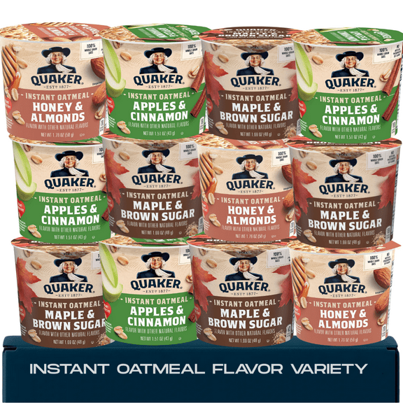 Instant Oatmeal Cups Variety Pack – 12 Count – Maple & Brown Sugar, Apples & Cinnamon, Honey & Almonds – 100% Whole Grain, No Artificial Preservatives, Quick & Easy Breakfast