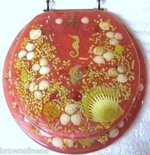 JEWEL SHELL SEASHELL AND SEAHORSE RESIN TOILET SEAT CHROME HINGES ELONGATED