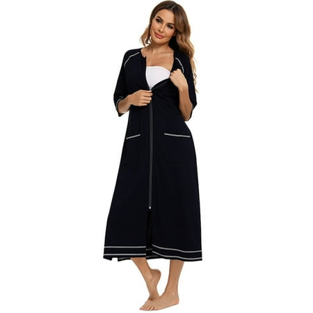 

Robes for Women with Zipper Front Midi-Length House Coats Nightgowns 3/4 Sleeve Loose Loungewear Pregnant Maternity Dress Hospital Gown Home Dress Sleepwear with 2 Pockets Comfy Nightshirt S-2XL Black