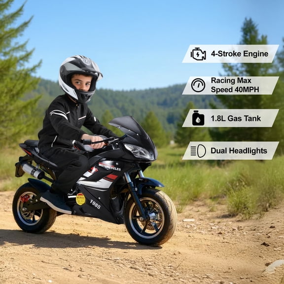 Thehsnt 49cc 4-Stroke Pocket Rocket Motorcycle, 8 Inch Wheels Mini Motorcycle, Gas Pocket Motorbike with Front Rear Disc Brakes, Dual Headlights