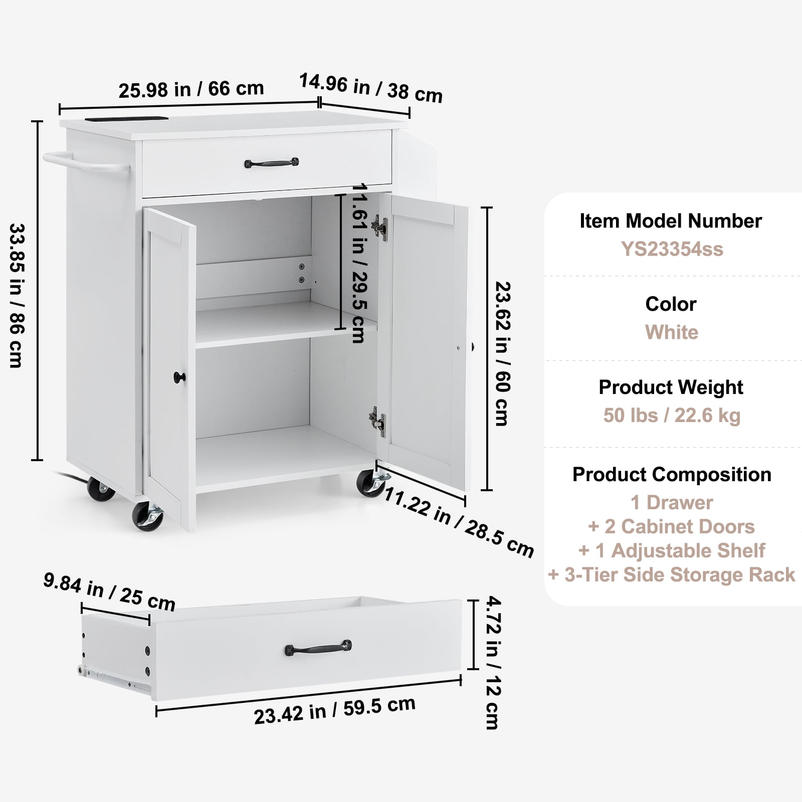 KFFKFF Rolling Kitchen Island Cart, 32" Kitchen Storage Cart with Countertop and Drawer, Movable Table featuring Power Socket, Herb Holder, Towel Hanger, Modifiable Shelf, Drawer,Wheel-Mounted, White