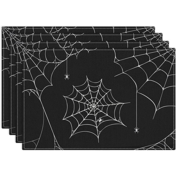 Halloween Placemats Set of 4, 12x18 Inch Spooky Spider Black Table Mat, Non-Slip and Washable Linen Place Mat for Home Party Decoration