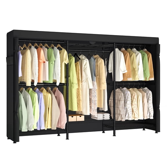 SONGMICS Heavy-Duty Rolling Clothes Rack, Portable Closet on Wheels, with Adjustable Mesh Shelves and Hanging Rails, Fabric Cover, Ink Black