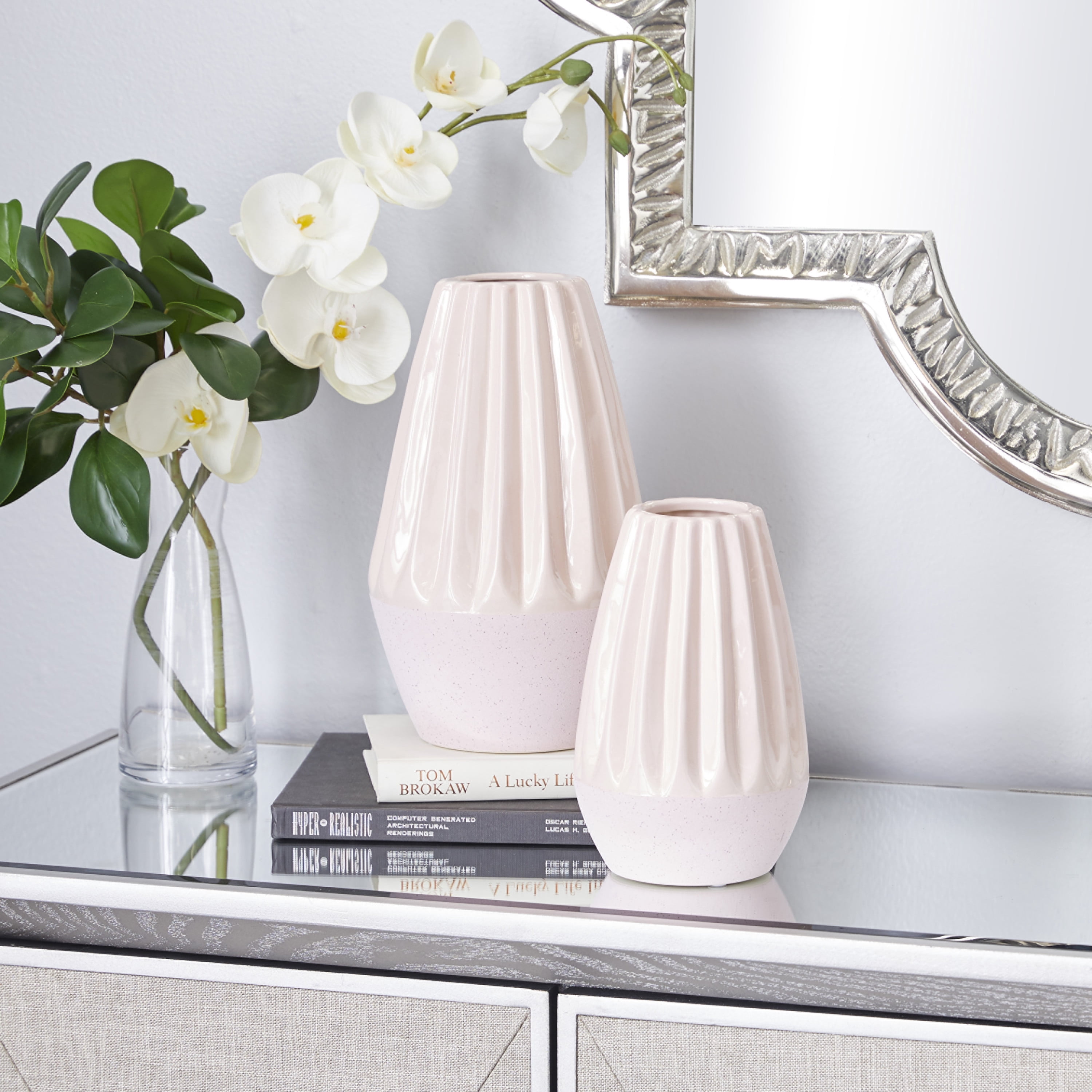 DecMode 11", 8"H Handmade Pink Ceramic Vase, Set of 2