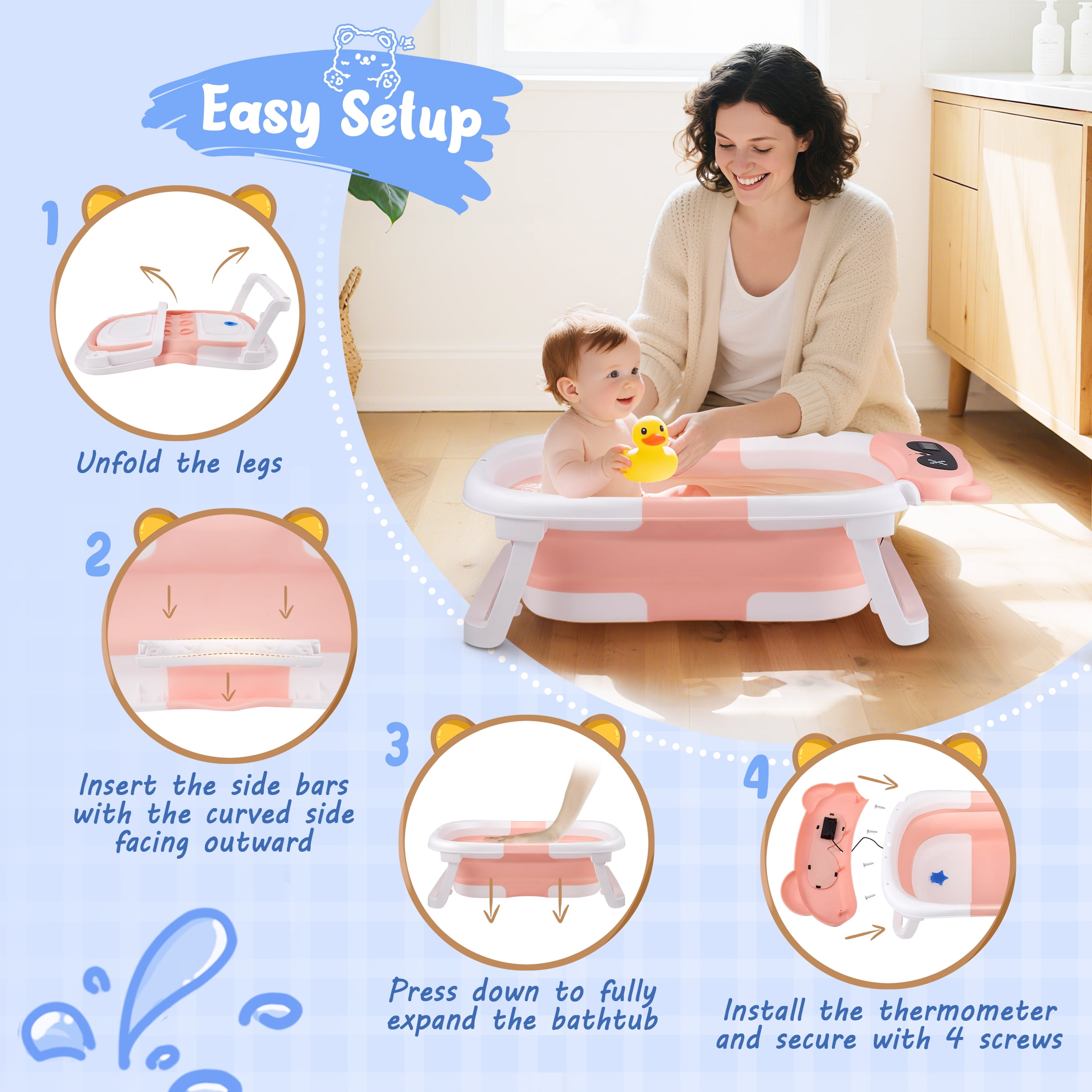 Doulami Baby Bathtub for Infants Collapsible Baby Tubs for Newborns with Cushion and Thermometer, 0-36 Month(Pink)