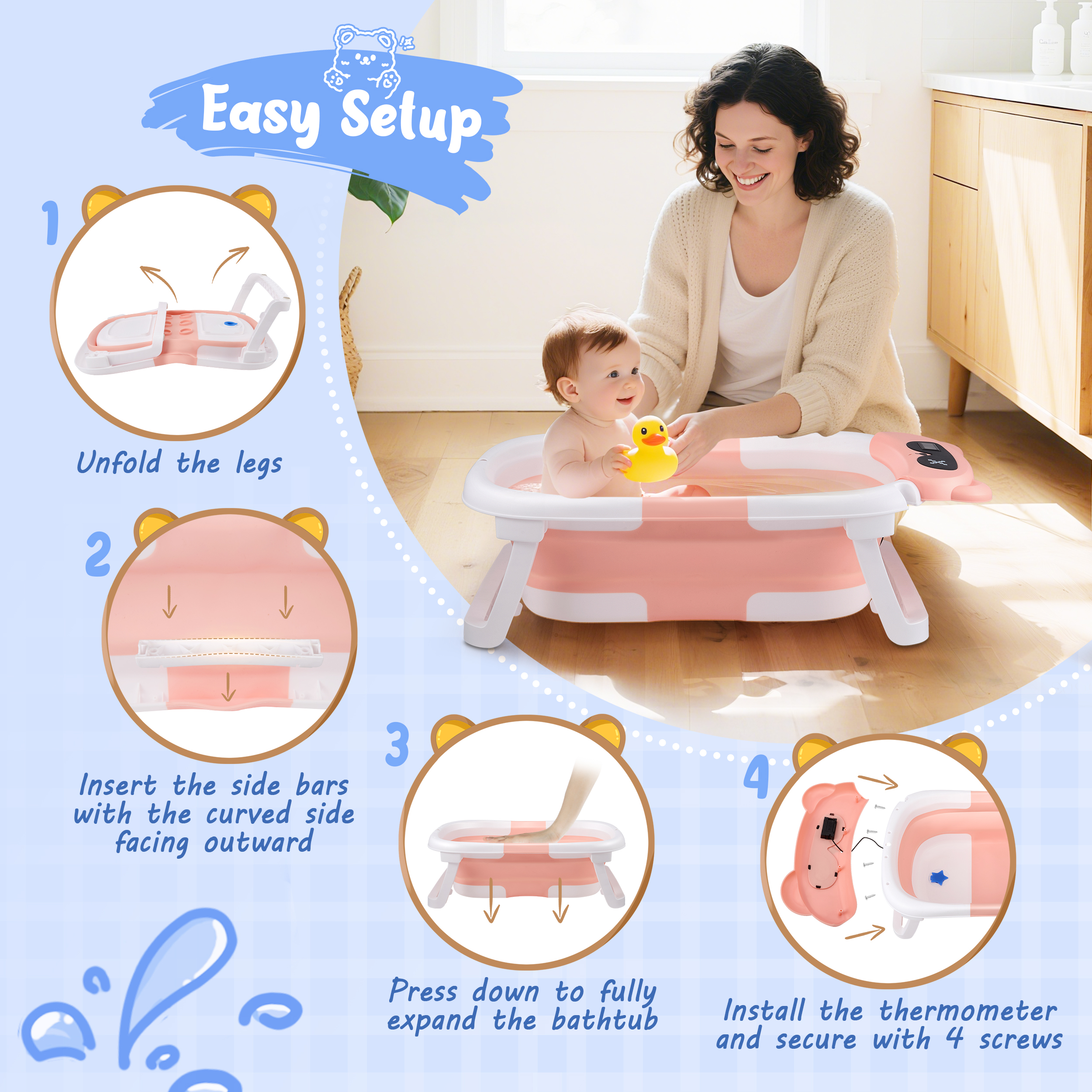 Doulami Collapsible Baby Bathtub with Cushion & Thermometer photo 8