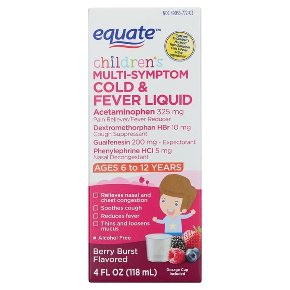 Equate Children's Multi-Symptom Cold & Fever Liquid, Berry Burst Flavor, Ages 6 to 12 Years, 4 fl oz, Compare to Children's MucinexÂ® Multi-Symptom Cold & Fever Active Ingredients