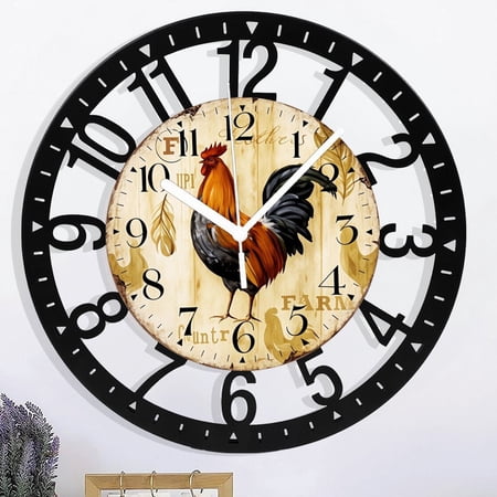Arabic Numerals Wall Clock Rustic Rooster Style Silent Non-Ticking Quartz Wrought Iron Clock 10 Inch Art Wall Decorative Large Wall Clock for Living Room Bedroom Kitchen And Office 25cm St