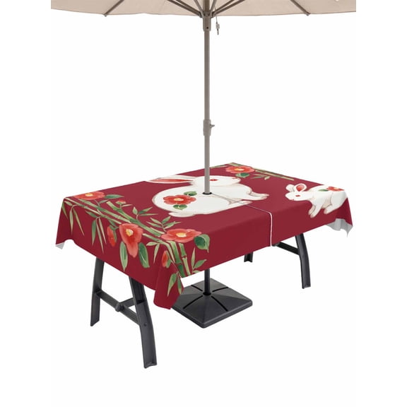 Outdoor Tablecloth with Umbrella Hole for Patio/Picnic/Party/Camping, Red Cute Bunnies Waterproof Table Cloth Rectangle Table Cover Washable, Farmhouse Rustic Floral Botanical (60"x 102")