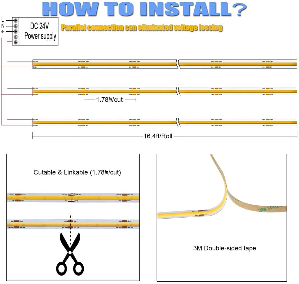 UL-Listed COB LED Strip Lights, 5m/16.4ft Flexible, Warm White 3000K 5500Lm CRI 80+, 528LEDs/M LED Tape Light , DC24V led Rope Lights for Stage, Home, Cabinet, Kitchen, DIY Lighting