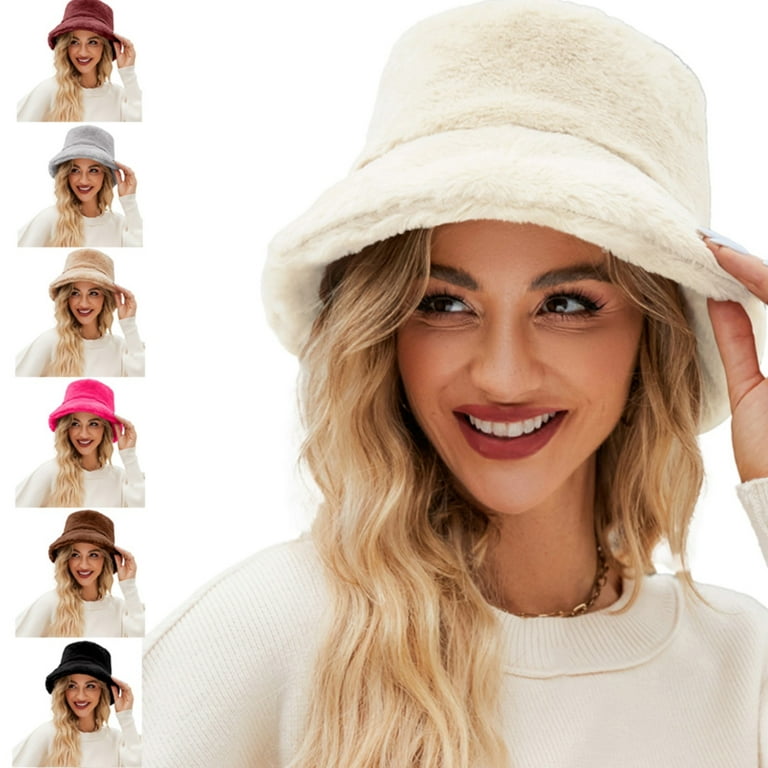 Lisingtool Beach Hats for Women Fuzzy Bucket Hat for Women Faux Superficial Knowledge Bucket Hat Fluffy Warm Soft Winter Fisherman Cap Furry Sun Hats