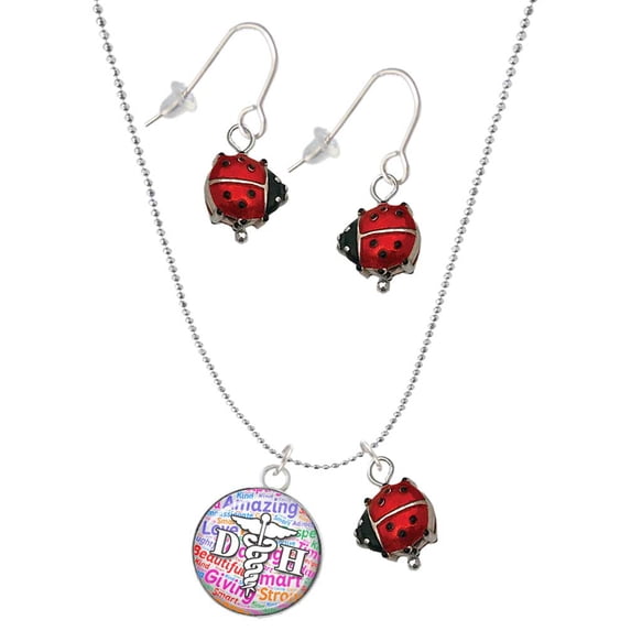 Delight Jewelry Silvertone Domed Multi Color DH Red Lucky Ladybug Necklace and Dangle Earrings Set
