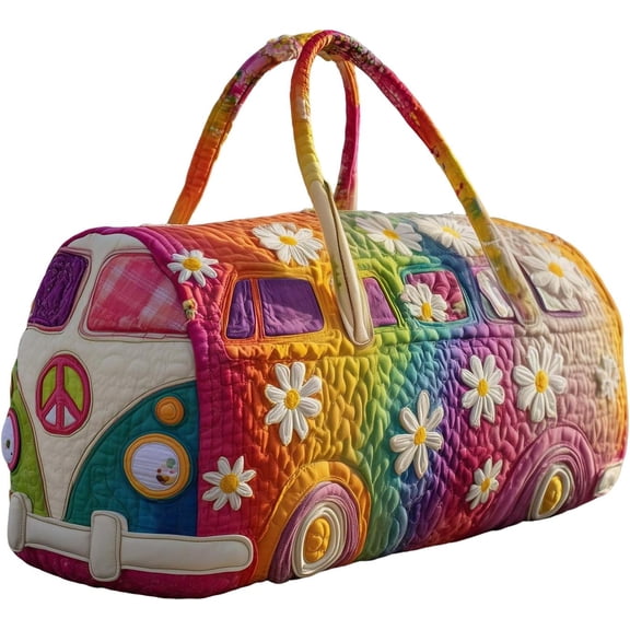 Hippie Journey Quilted Duffel Bag Hippie Van Travel Duffel Bag Vintage Floral Weekender Overnight Bags Women Gym Bags(Q)