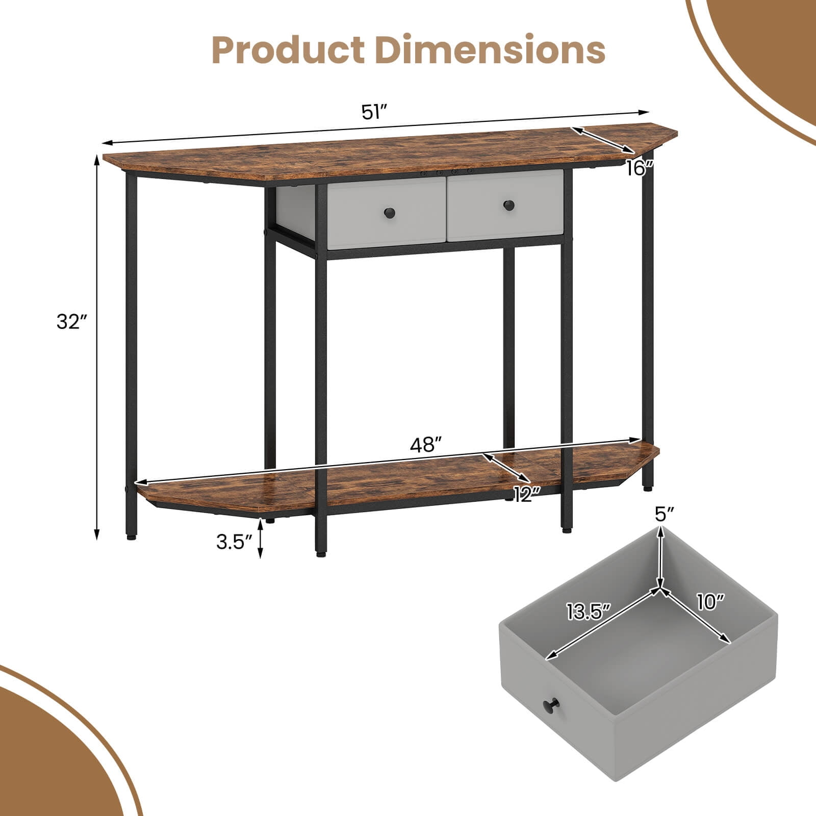 Costway 51" Console Table with 2 Drawers Open Storage Shelf 2-Tier Entryway Table