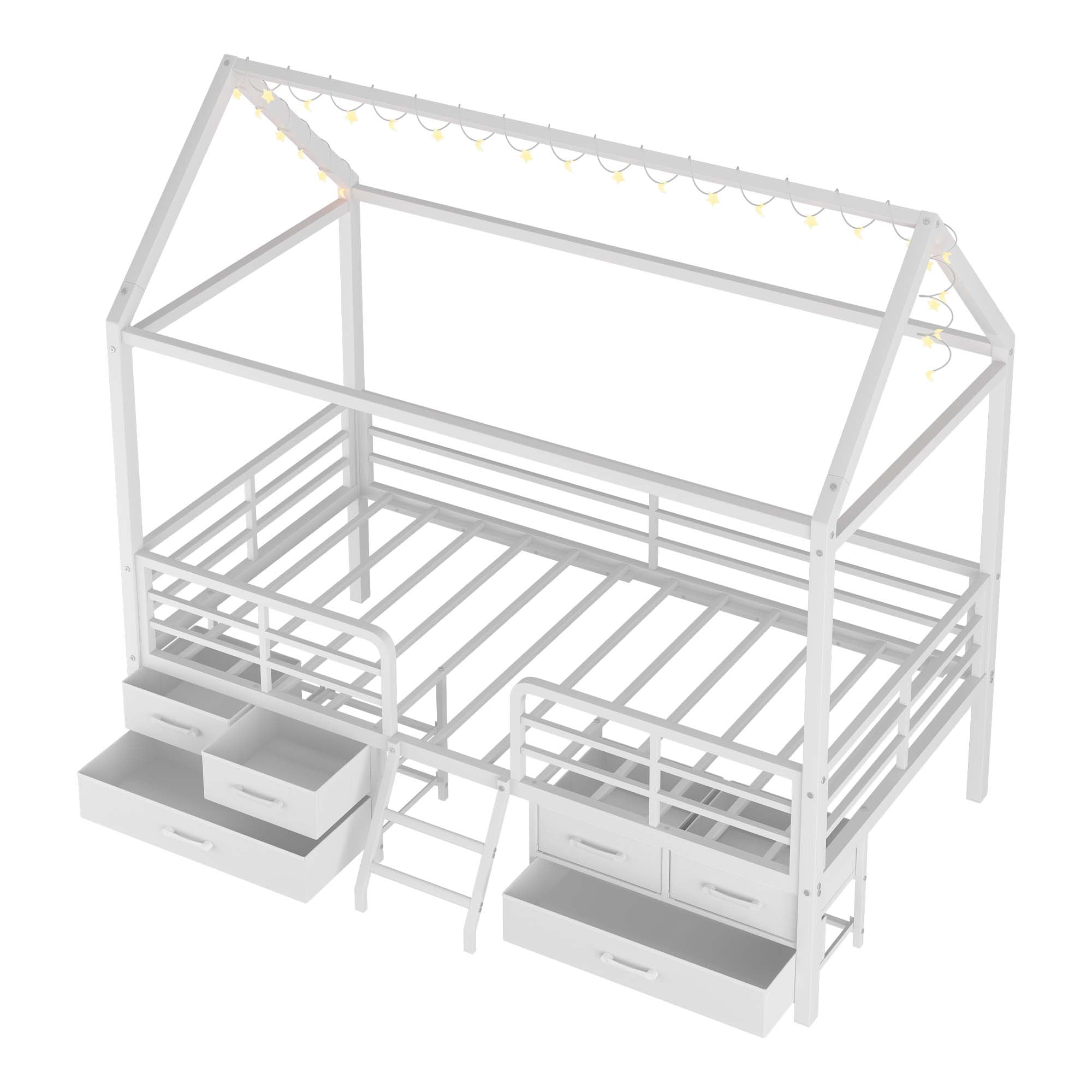 Miniyam Twin House Bed Frame with 6 Storage Drawers and Star Moon Lights, Metal Platform Bed, White