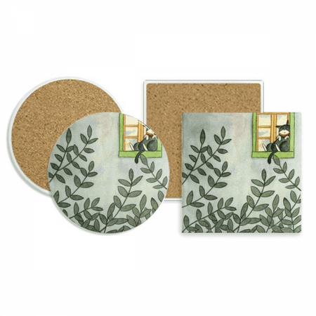 

Miaoji Painting Watercolor Cat Outside Window Coaster Cup Mug Holder Absorbent Stone Cork Base Set