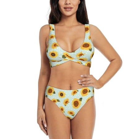 Zeuib Vintage White Polka Dot Sunflower High Waisted Tummy Control Bikini Set - Knot Front Push Up Top & Cheeky Thong Bottom  Two-Piece Swimsuit for Women-Large