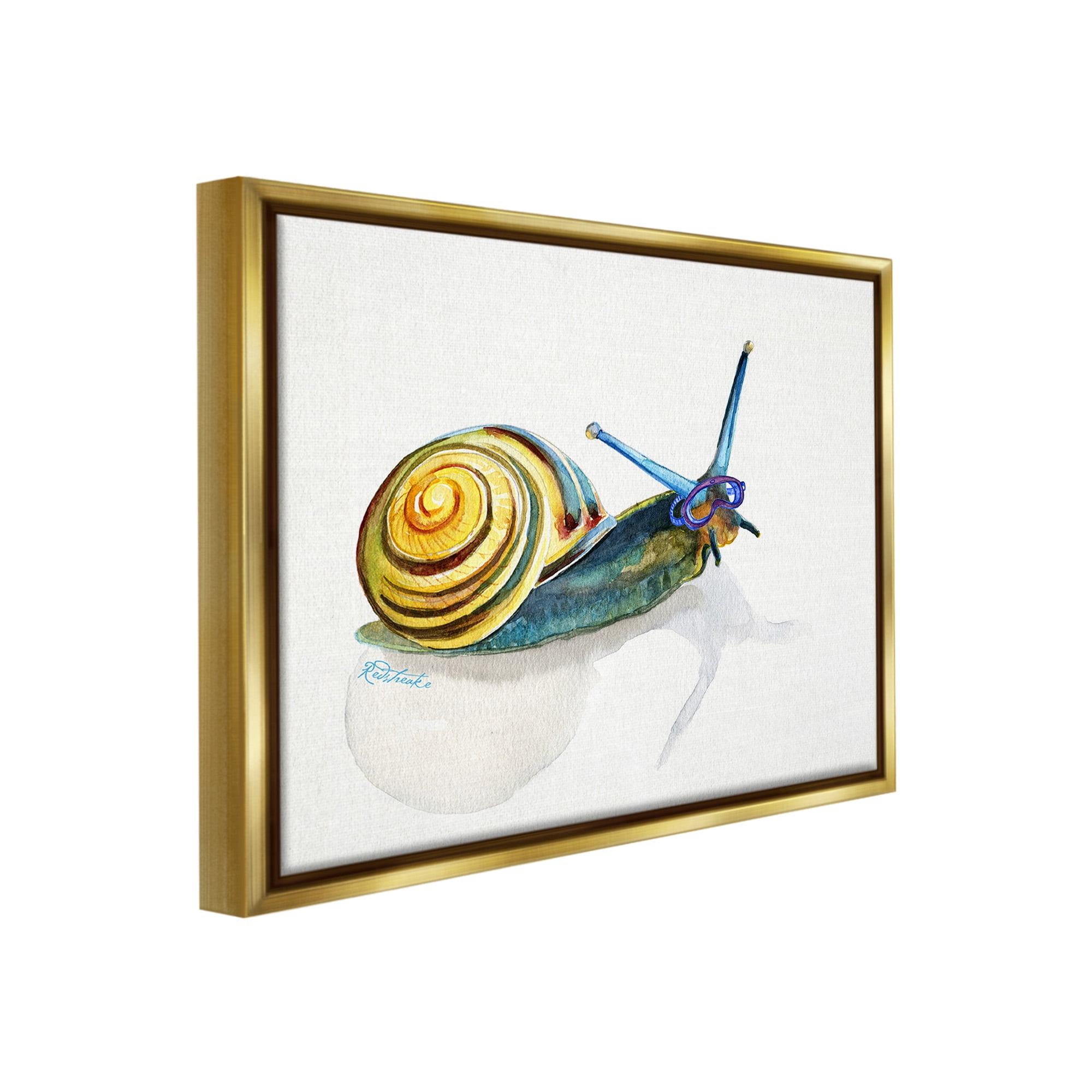 Stupell Industries Snail Wearing Snorkel Mask Animals & Insects Painting Gold Floater Framed Canvas Art Print Wall Art, 31 x 25