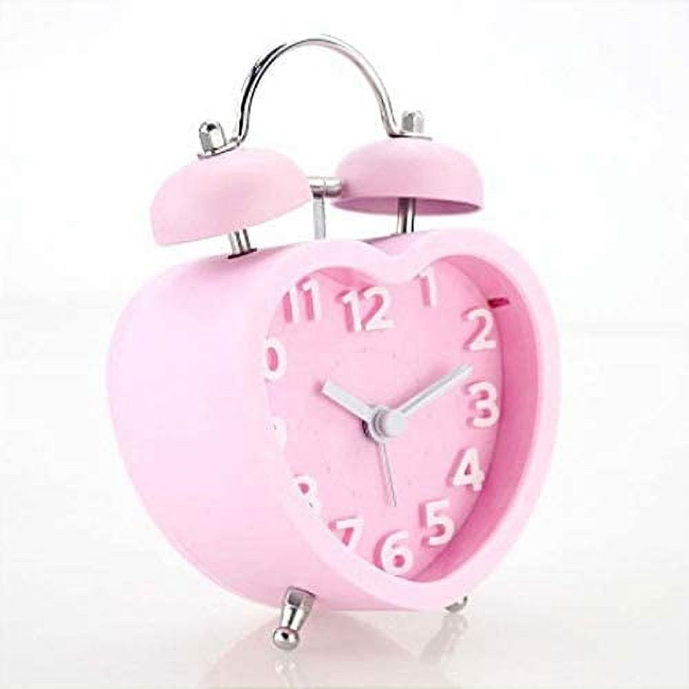 MetalM - Students Seniors 3in Twin Bell Loud Alarm Clock Silent Analog Quartz Nightlight Clock Battery Operated for Heavy Sleepers Heart Shape Pink
