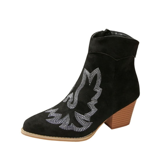 Black Womens Winter Ankle Boots With Round Toe And Side Zipper Chunky Heel For Casual And Ethnic Style