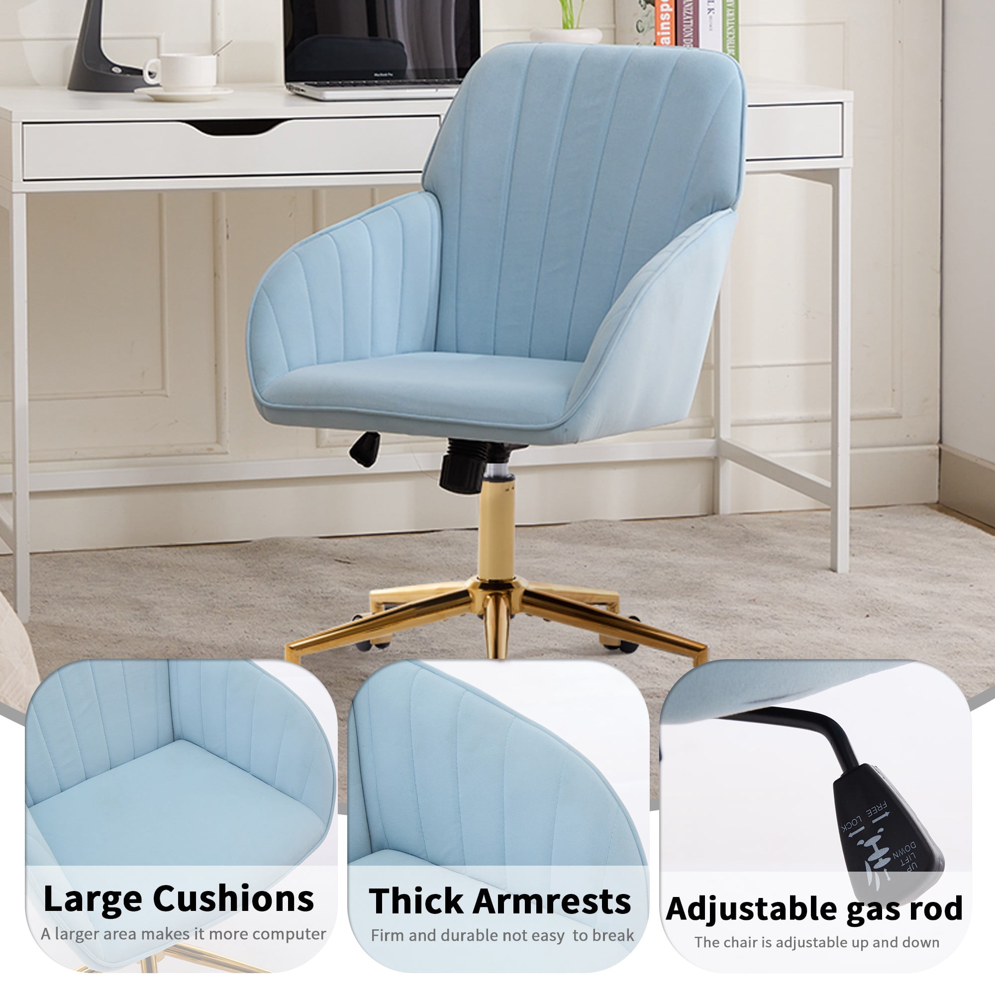 Modern Arm Chair,Adjustable Office Desk Chair with Wheels,Swivel Vanity Chair,Blue