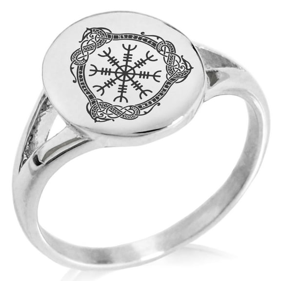 Tioneer Stainless Steel Aegishjalmur Awe & Terror Helm Viking Rune Minimalist Oval Top Polished Statement Signet Ring
