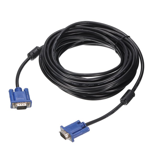 Unique Bargains VGA to VGA Cable, 10M/33ft Male to Male VGA 35 Video Cable for Computer, Projector. A coiled black cable with blue 15-pin male VGA connectors on both ends, designed for connecting VGA-equipped devices such as computers, monitors, and projectors. The cable features screw-in connectors for a secure fit and is made of durable plastic material.