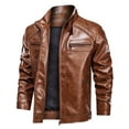 thumbnail image 2 of ShomPort Brown Leather Jacket Casual Full Zip Up Jackets Lightweight Windbreaker Motorcycle Biker Outwear Coat, 2 of 9