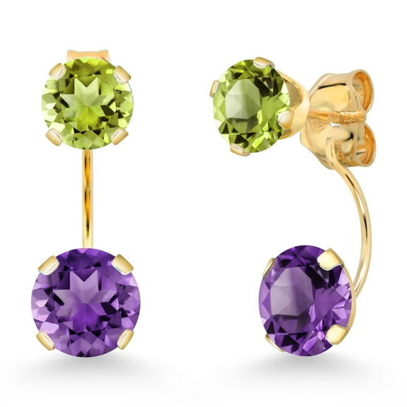 Gem Stone King 14K Yellow Gold Purple Amethyst and Green Peridot Stud Earrings for Women | 3.10 Cttw | Gemstone February Birthstone | Round 6MM