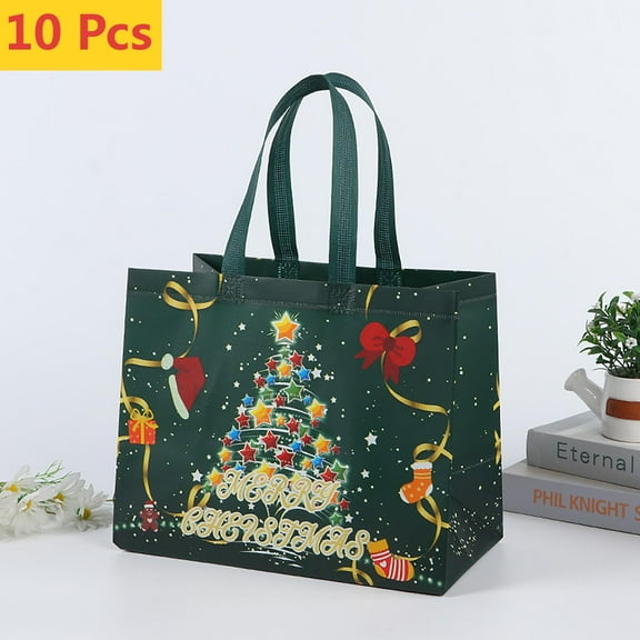 FEOLGEHLY 10 Pcs Extra Large Christmas Gift Bags, Christmas Tote Bags with Handles, Reusable Non-woven Wrapping Shopping Bag for New Year, Xmas Party Supplies Decorations, 12x7x10 inch