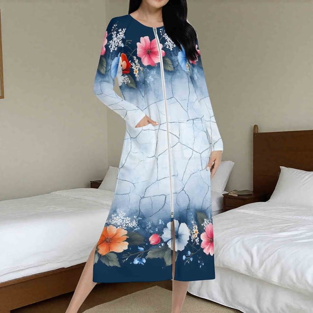 Batas de invierno para mujer, camisón cálido y camisón de invierno con cremallera y bolsillos, pijama holgado para mujer.