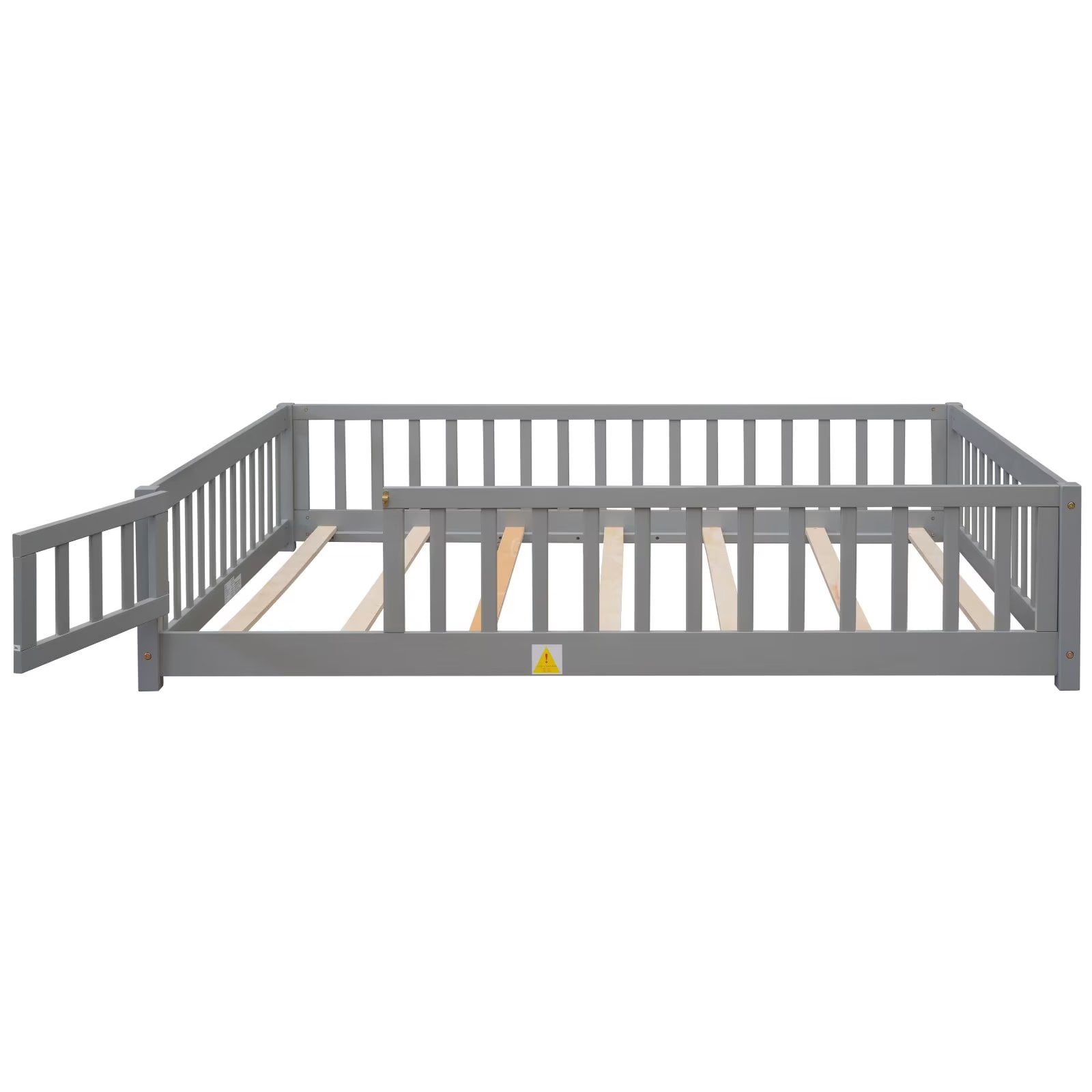 Full Size Floor Bed for Children, Solid Wood Platform Bed Frame with Safety Fence & Door, Wood Slats, Durable Fun Design Floor Bed, for Girls and Boys, Gray