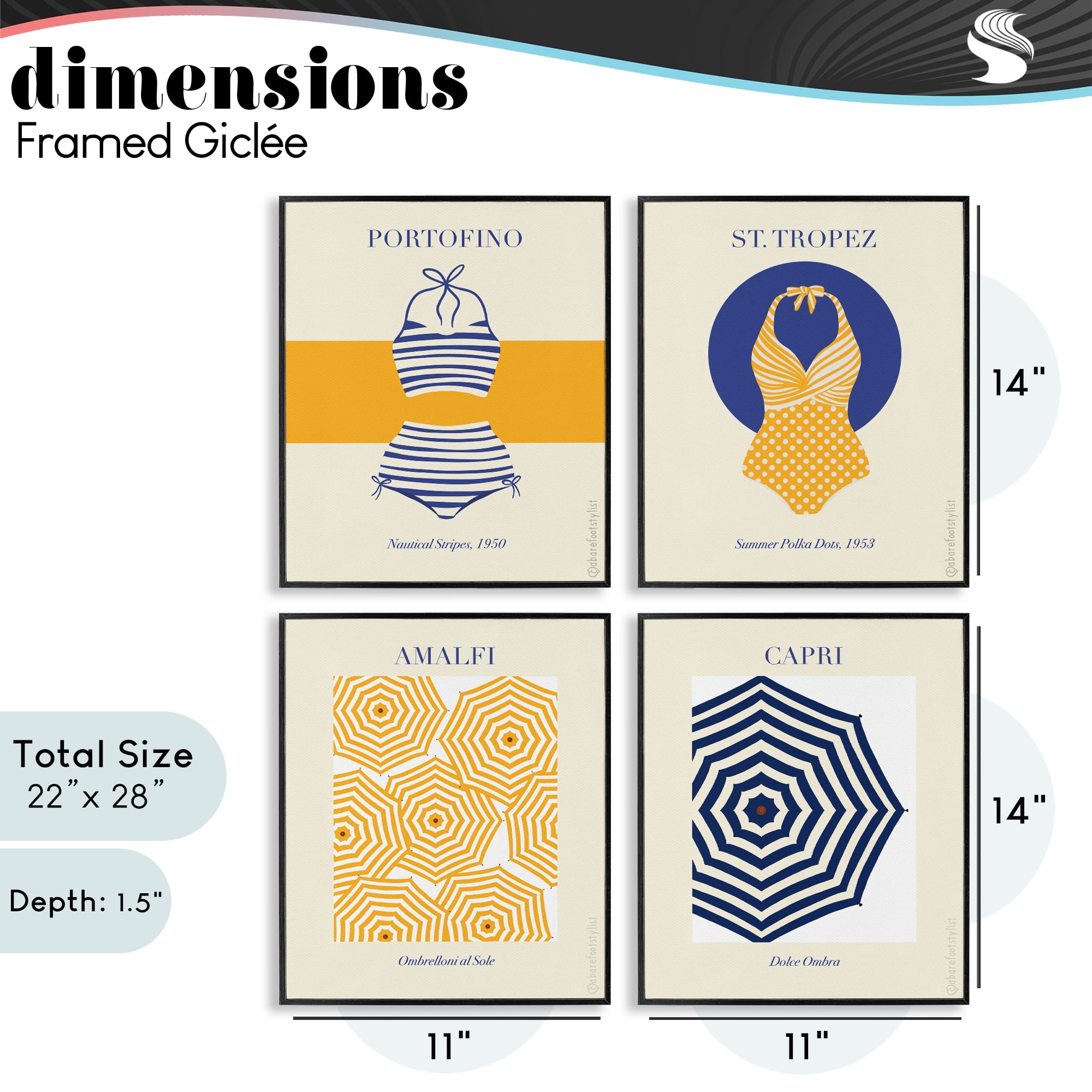 Stupell Industries Retro Beach Vacation Elements 4 Piece Black Framed Giclee Art Set, design by A Barefoot Stylist