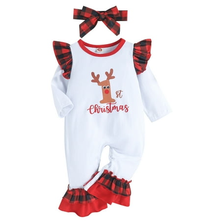 

Bebiullo 2Pcs Newborn Baby Boys Girls Christmas Plaid Romper Xmas Elk Print Jumpsuit Headband Clothes Outfits