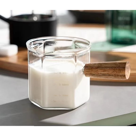 120ml Hexagon Wood Handle Glass Espresso Measuring Cup Milk Latte Jug Coffee Supplies Kitchen Mug Drinkware Double Bottom