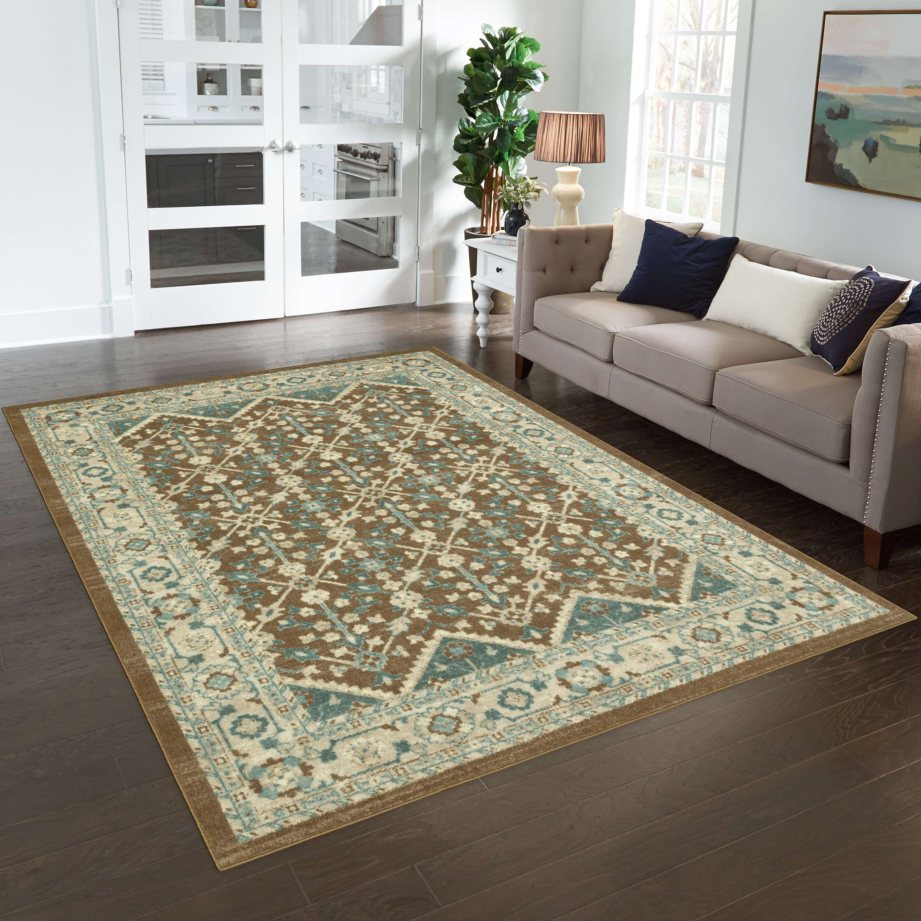 Mainstays Persian Border Medallion Loop Print Brown Blue Indoor Area Rug, 5' x 7'