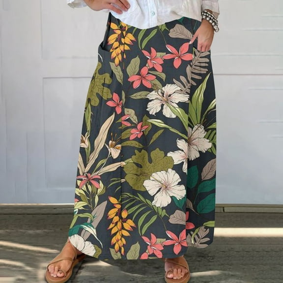 WXLWZYWL Boho Maxi Skirts for Women Plus Size Trendy Fall 2024 Long Beach Skirts High Waisted Floral Renaissance Skirt with Pockets
