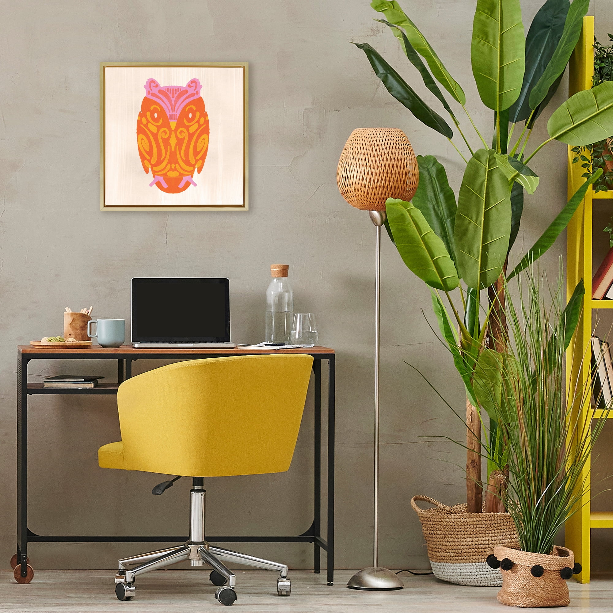 Stupell Industries Vibrant Folk Owl Motif Gold Framed Floater Canvas Wall Art, design by The Paper Curator