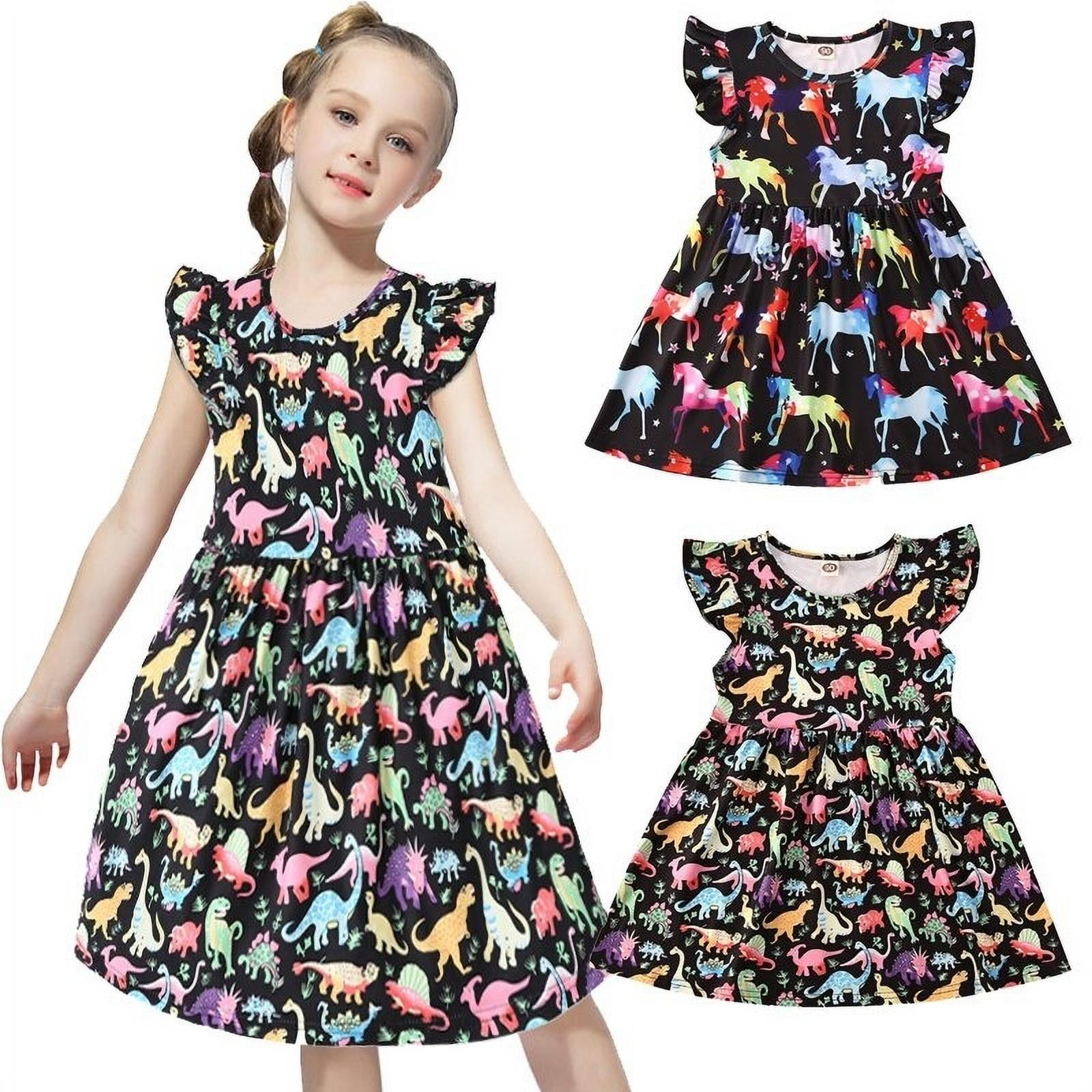 Kids Baby Girl Unicorn/ Dinosaur Print Fly Sleeve Dress Princess Summer