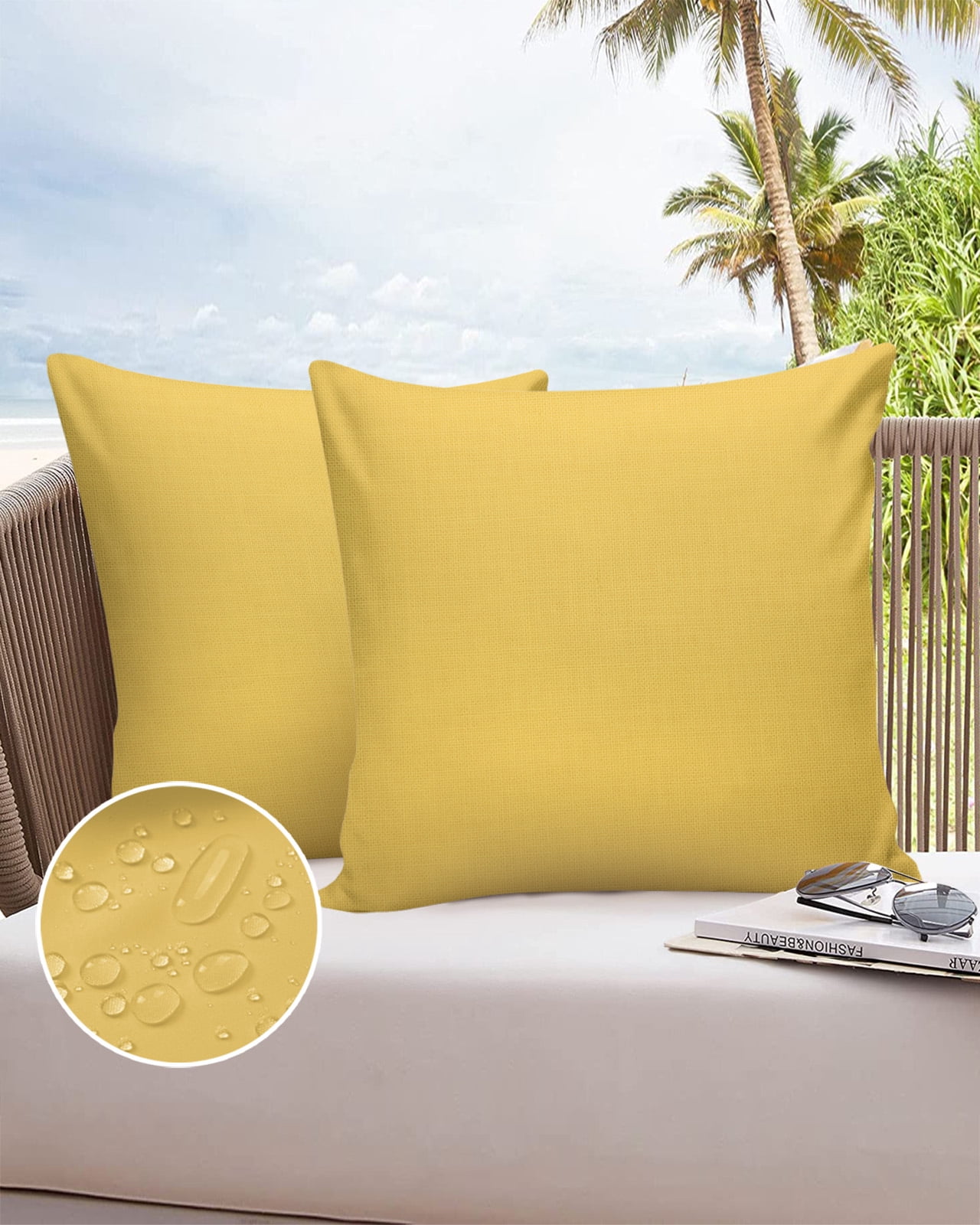 Pack of 2 Outdoor Pillow Covers, Solid Color Yellow Waterproof Square Throw Pillowcase Cushion Decorative Pillow Covers for Couch Patio Tent, 24x24 in