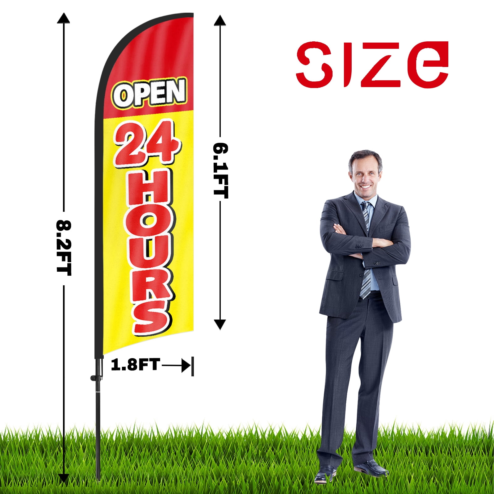 QSUM Open 24 Hours Feather Flag with Flag Pole Kit and Ground Spike, 8.2FT Open 24 Hours Windless Flag Banner Sign Business for Outdoor Advertising Sign Decoration Display